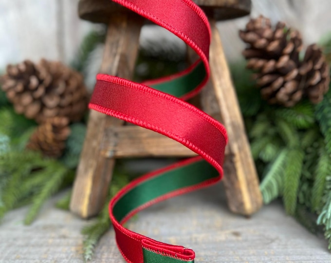 1" Red Green Satin Duo Ribbon, Farrisilk Ribbon, Christmas Ribbon, Double Sided Ribbon, Wired RIbbon, Designer Ribbon, RS162-48
