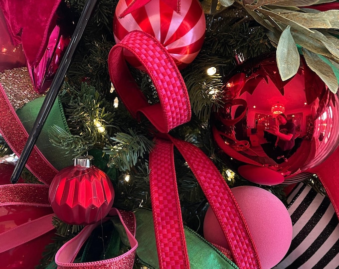 1" Hot Pink Red Ribbon, Farrisilk Ribbon, Kitschy Checks Ribbon, Wired Ribbon, Pink Red Christmas Ribbon, RK848-15