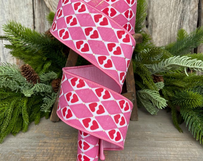 2.5" Heart Valentine Ribbon, Farrisilk Ribbon, Wired RIbbon, Queen of Hearts Ribbon, Valentine Ribbon, Pink and Red Ribbon, SR014-14