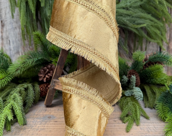 4" Gold Velvet Fringe Ribbon, Christmas Ribbon, Gold RIbbon, Christmas Tree Ribbon