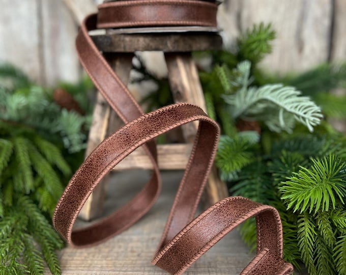 7/8" Brown Leather Ribbon, Wired Ribbon, Rustic Ribbon, Country Ribbon, Leather Ribbon,