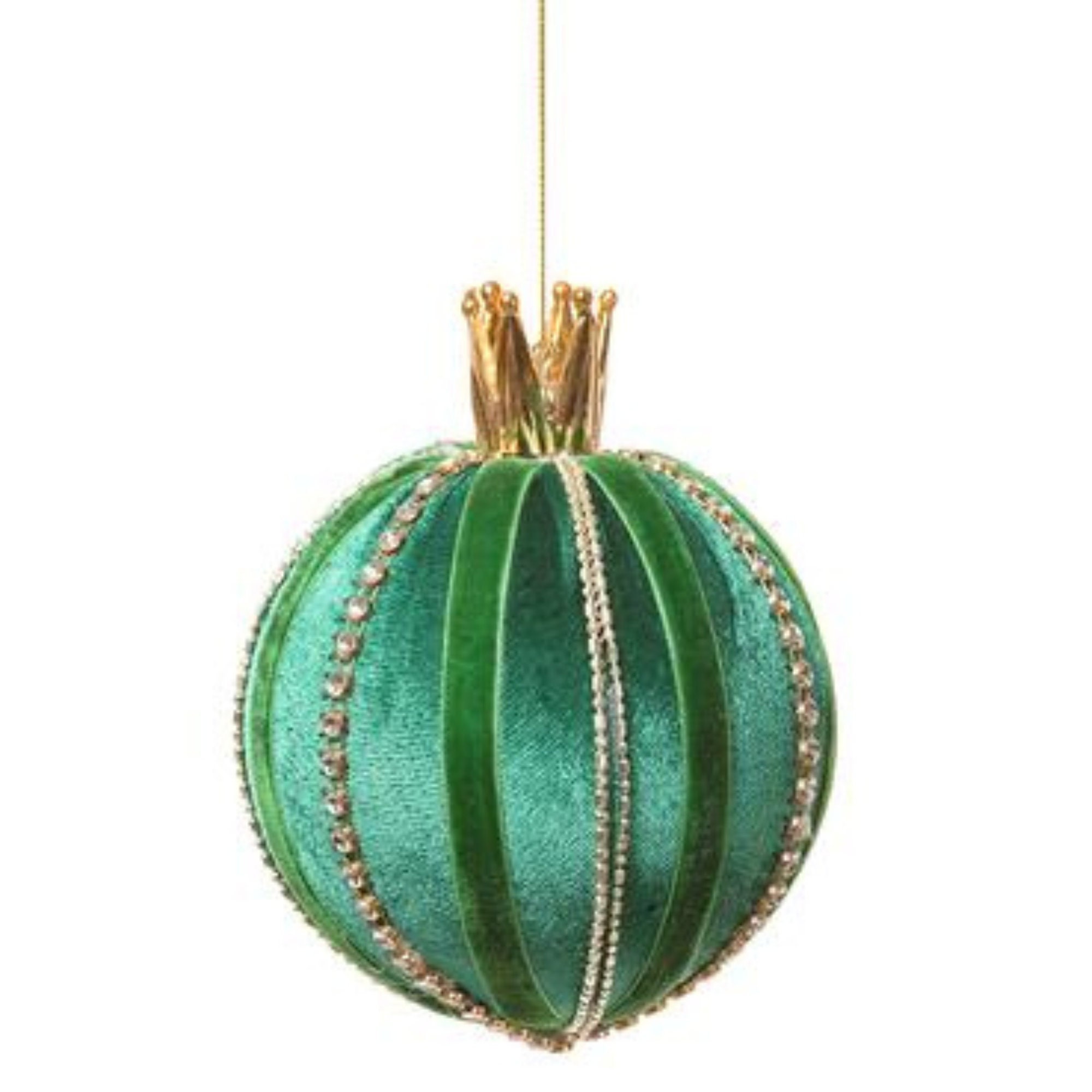 4 Green and Gold Velvet Ornament with Crown, Emerald Green
