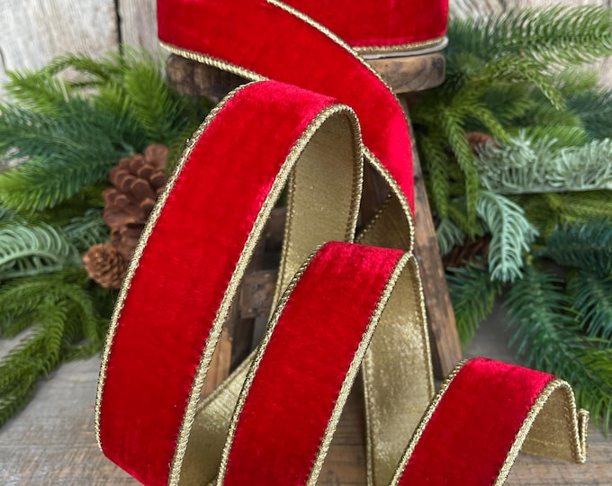 Red & Gold Velvet Wired Ribbon: 1.5" Farrisilk Christmas Ribbon