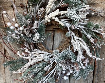 24" Snowy Flocked Wreath,Flocked Front Door Wreath,Christmas Wreath, Artificial Wreath, Christmas Front Door,Pine Wreath,Christmas Farmhouse