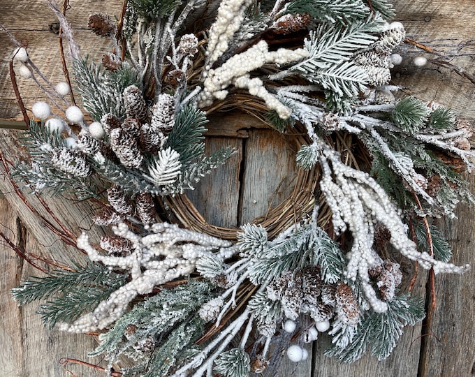 24" Snowy Flocked Wreath,Flocked Front Door Wreath,Christmas Wreath, Artificial Wreath, Christmas Front Door,Pine Wreath,Christmas Farmhouse