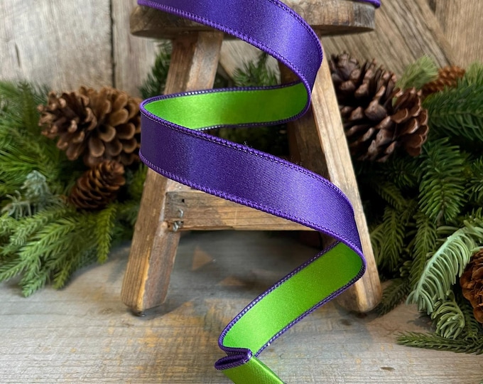 1" Purple Green Satin Ribbon, Farrisilk Ribbon, Wired Ribbon, Satin Duo, Halloween Ribbon, Purple Ribbon, Designer RIbbon, RS162-27