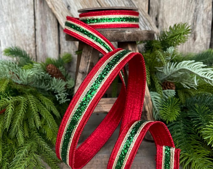 1" Red Green Gold Ribbon, Christmas ribbon, Green Red RIbbon, Emerald Green Ribbon, Christmas Ribbon, Designer RIbbon, 94288W-985-05D
