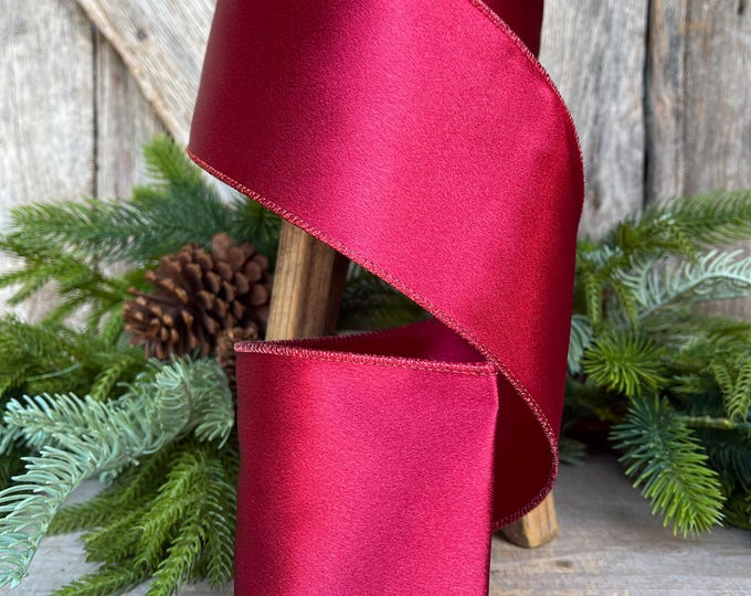 4" Wine Burgundy Satin Ribbon, Christmas Ribbon, Shimmer Satin Ribbon, Wired Ribbon, Maroon Ribbon