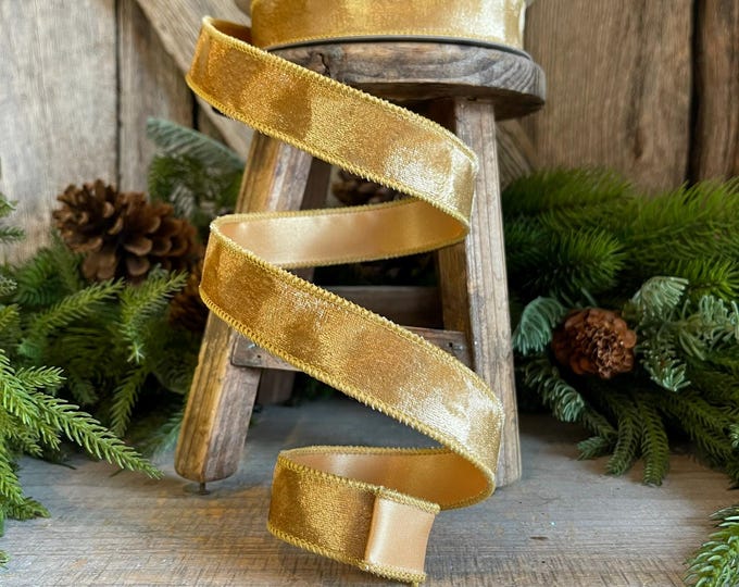 1" Gold Silken Velvet Ribbon, Farrisilk Ribbon, Wired Ribbon, Gold Velvet Ribbon,  Gold Velvet, RS101-50