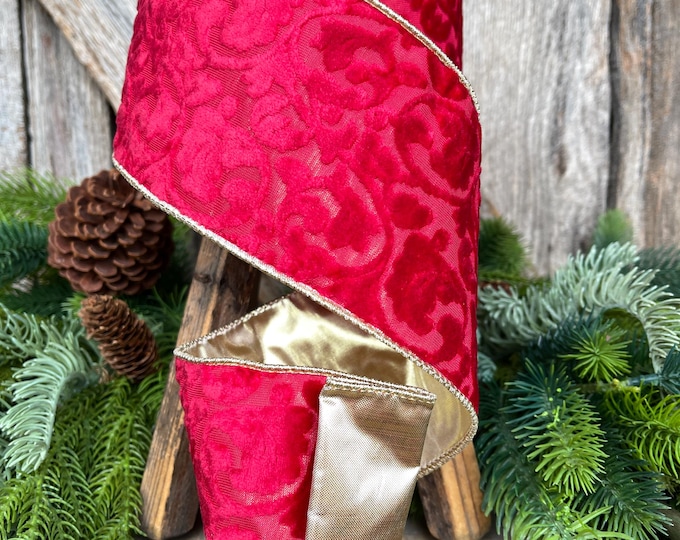 4" Red Embossed Velvet Ribbon, Christmas Ribbon, Red Velvet Ribbon