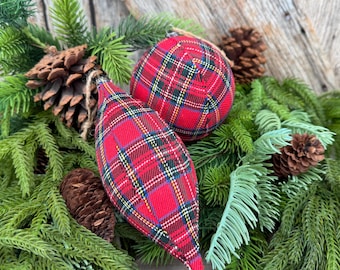 Set of 2 Red Plaid Christmas Ornaments, Tartan Fabric Holiday Ornaments