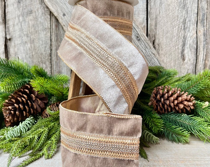 4" Grey Taupe Velvet Ribbon, 5 Yards, Christmas Tree Ribbon, Velvet Ribbon, Christmas Tree Decorating, Christmas Velvet, Platinum Velvet