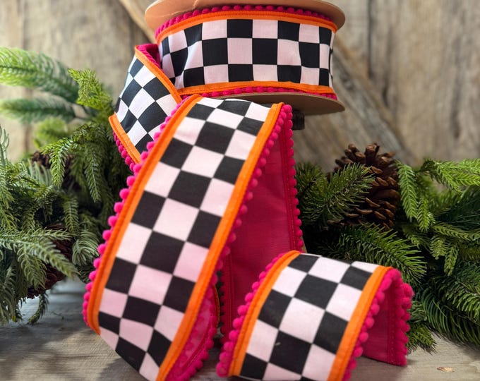 2.5" Halloween Ribbon, Checkered Ribbon, Hot Pink Orange Ribbon, Wired Ribbon, Black White Halloween Ribbon