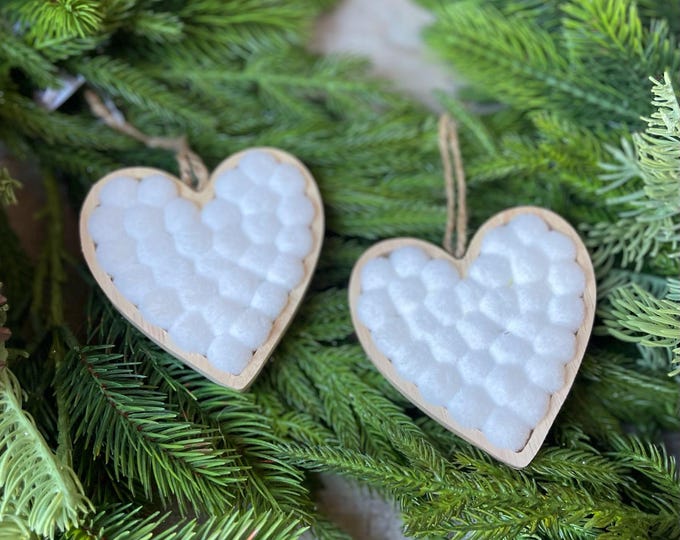 4" Heart Ornaments, Set of 2, White Heart Ornments, Christmas Ornaments, White Pom Pom Ornaments