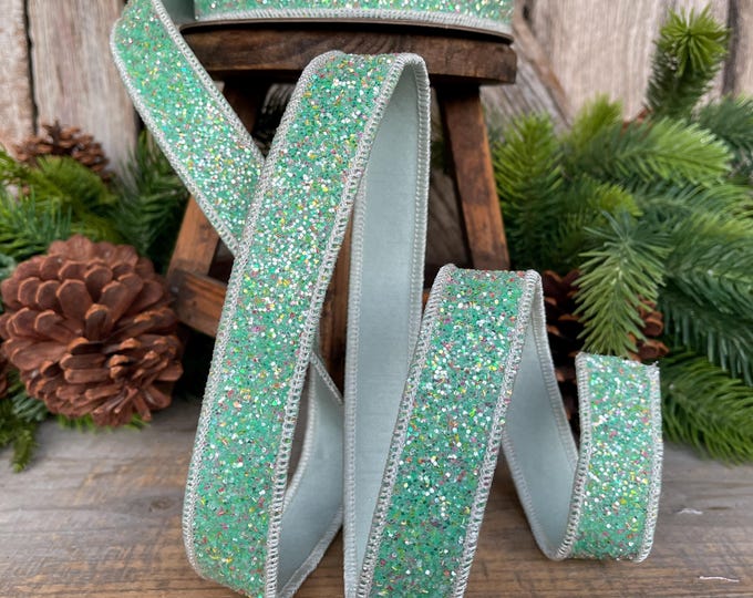 1" Mint Green Glitter Ribbon, Farrisilk Ribbon, Spearmint Glitter Ribbon, Christmas Tree Ribbon