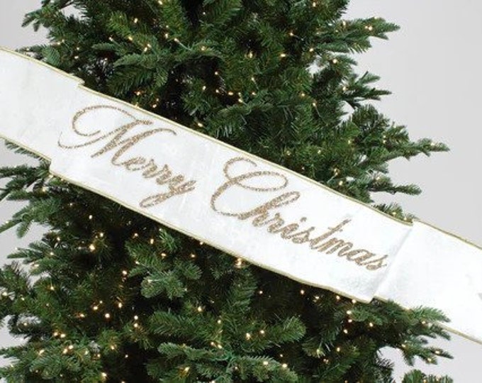 Merry Christmas Banner, Christmas Tree Banner, White Velvet Banner for Tree, White Christmas Banner, White and Gold Banner for Tree