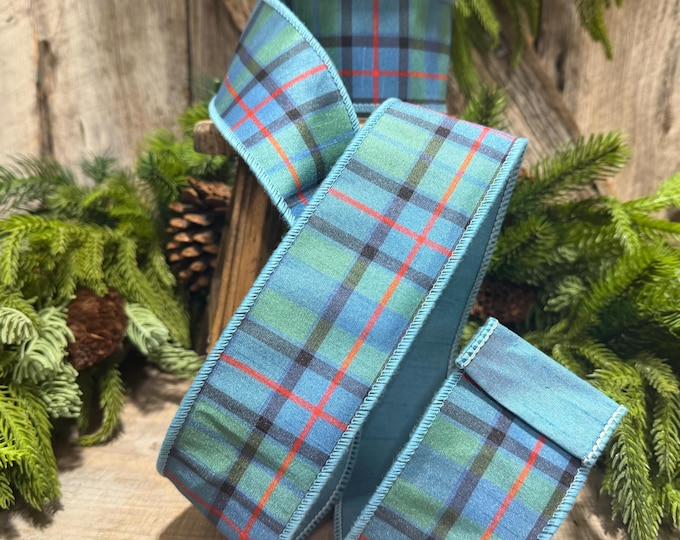 2.5" Dusty Blue Tartan Plaid Ribbon, Christmas Plaid Wired Ribbon, Blue Chirstmas Plaid RIbbon