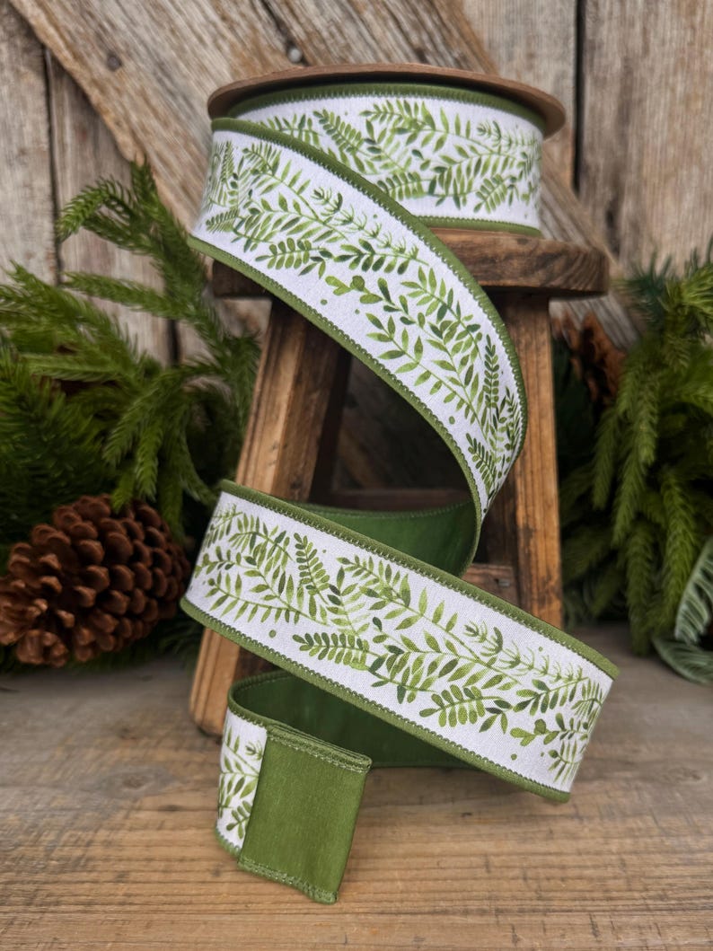 1.5" Green Leaf Ribbon, Wired Ribbon, Spring Ribbon, Wedding Ribbon, Everyday Ribbon, Green LEaf Ribbon, Green White Ribbon image 4