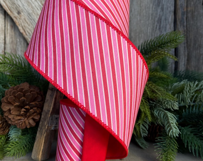 4" Valentine Ribbon, Pink Red Diagonal Ribbon, Designer Wired Ribbon