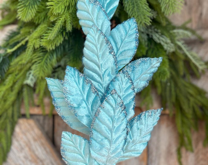 25" Light Blue Velvet Leaf Spray, Christmas Floral Stem