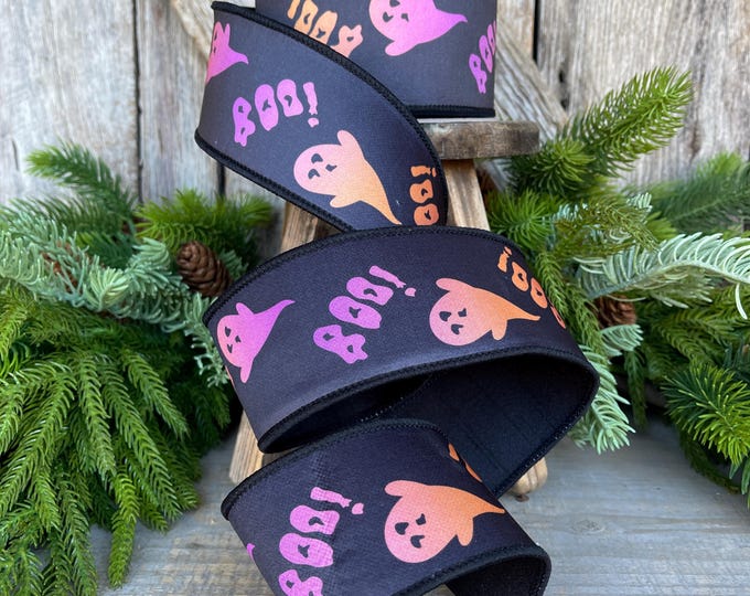 2.5" Boo Halloween Ribbon, Farrisilk Ribbon, Wired Ribbon, Black Purple Orange Boo Ribbon, Halloween Ribbon, HR052-32