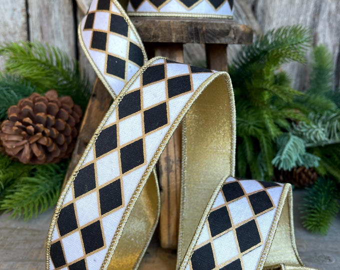 1.5" Black and White Harlequin Ribbon, Christmas Ribbon