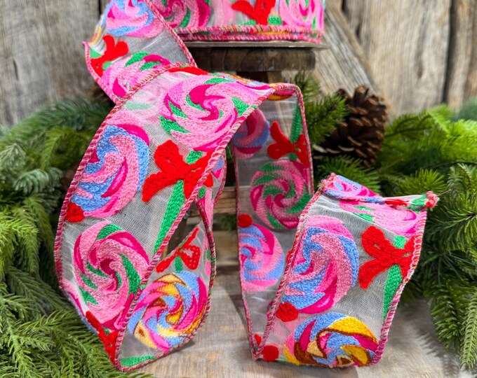 2.5" Lollipop Swirls Ribbon, Farrilk Embroidered Ribbon, Christmas Ribbon
