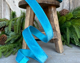 7/8" Blue Turquoise Velvet Wired Ribbon, Velvet Ribbon, Narrow Ribbon, Wreath Supply, Turquoise Ribbon, Teal Ribbon, Blue Turquoise Ribbon