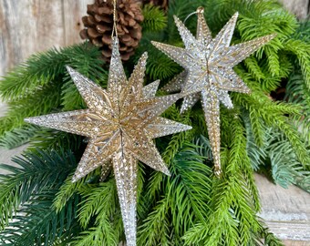 Set of 2 Gold Embroidered Ornaments, 4" Gold Ornaments, Star Ornaments, Gold Christmas Tree Ornaments, Gold Star Ornaments