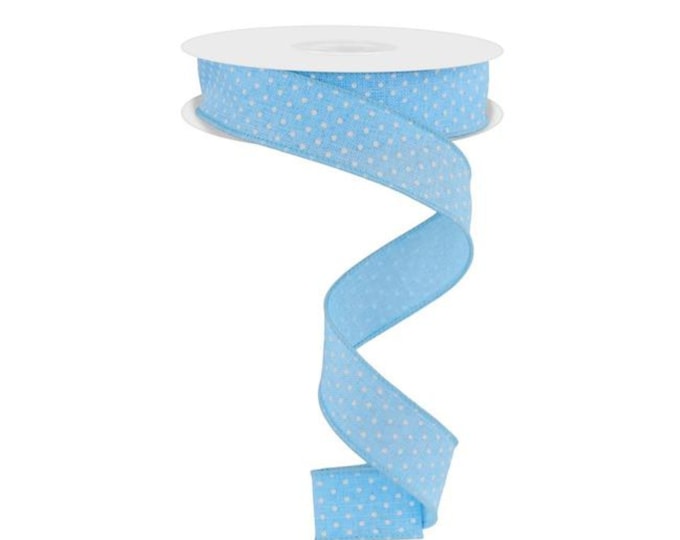 7/8" Light Blue Swiss Dots Ribbon, Blue Swiss Dots Ribbon, Narrow RIbbon, Wired Ribbon, Craft Supply, Wreath Supply, Ribbon for Bows