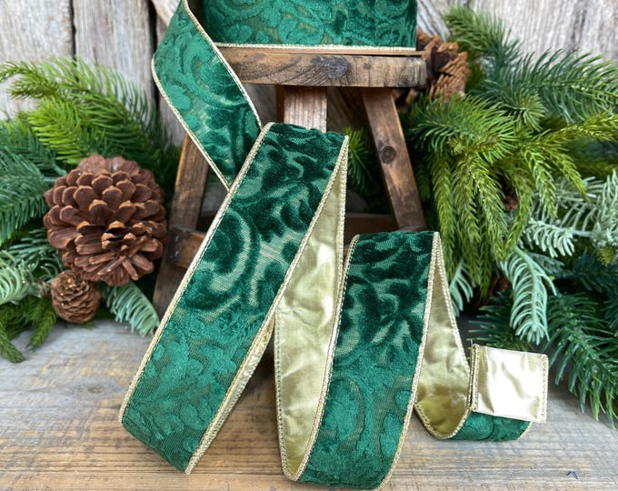 Emerald Green Embossed Velvet Christmas Ribbon: Wired Gold Backing, 1.5" x 10 Yards