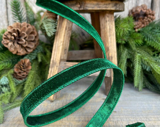 3/4"  Emerald Green Velvet Ribbon, Farrisilk Ribbon, Green Velvet Ribbon, Dark Green Velvet Ribbon, Christmas Ribbon, RV000-55