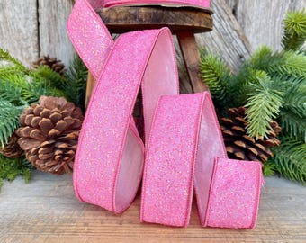 1.5" Pink Sparkle Ribbon, Christmas Ribbon, Pink Glitter RIbbon