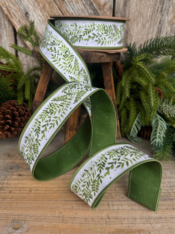 1.5" Green Leaf Ribbon, Wired Ribbon, Spring Ribbon, Wedding Ribbon, Everyday Ribbon, Green LEaf Ribbon, Green White Ribbon
