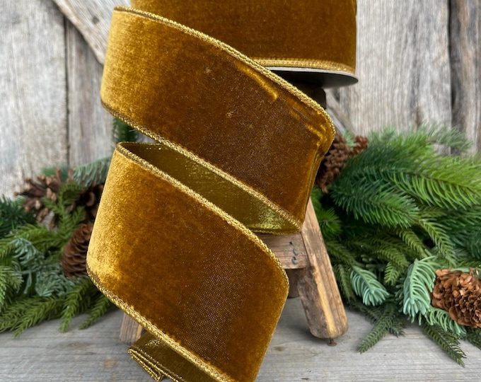 2.5" Antique Gold Wired Ribbon, Farrisilk Ribbon, Velvet Ribbon, Gold Velvet Ribbon, Christmas Ribbon, Wired Ribbon, Holiday Decor, RV002-09