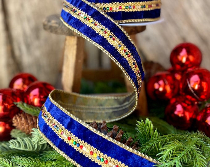 Royal Blue Velvet Jeweled Ribbon, Mutli colored Jeweled Ribbon, Christmas Ribbon, 5 yards, Holiday decor, Christmas Tree Ribbon, Holiday