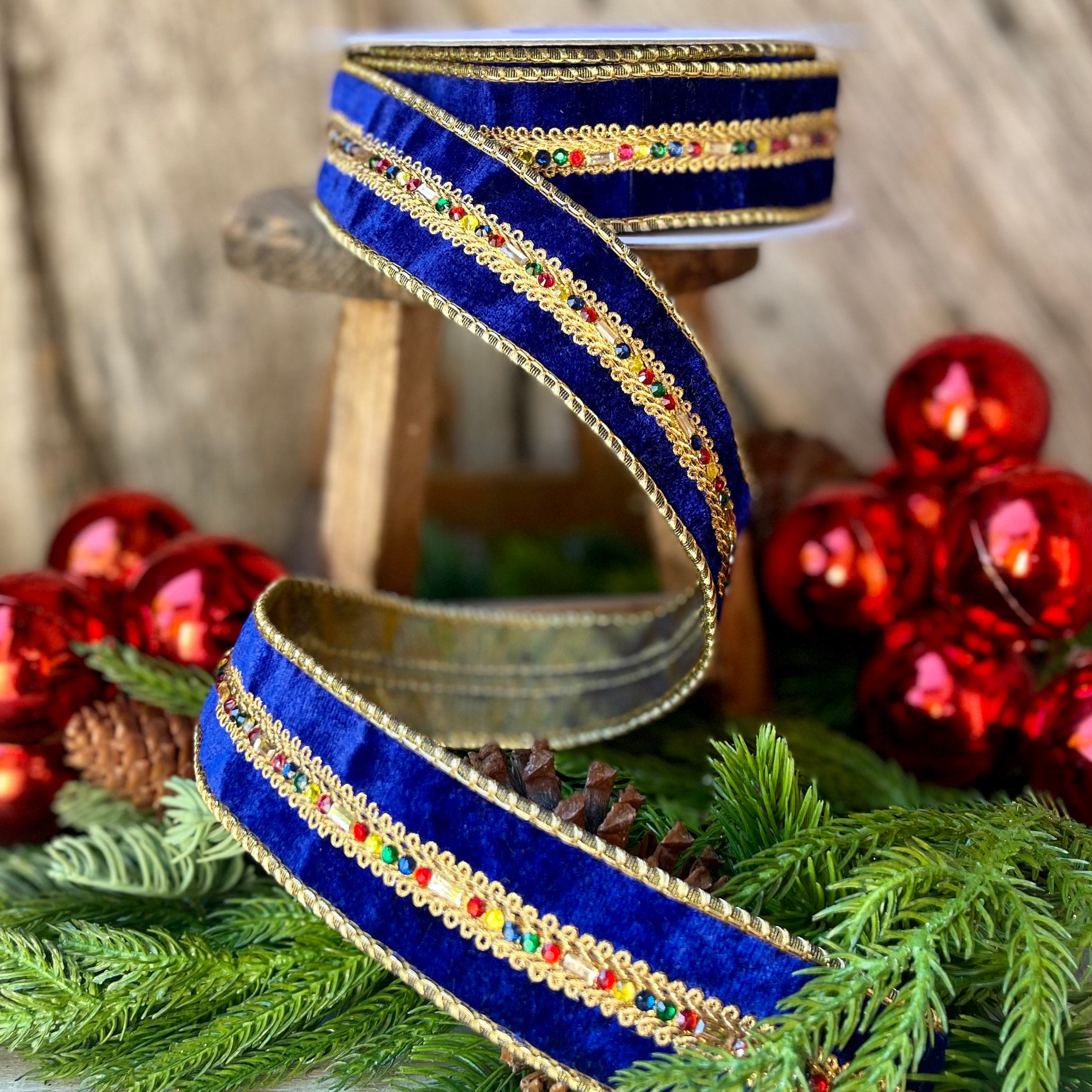 4” x 5 Yard Royal Blue Jewel Trim Edge Velvet Ribbon - Decorator's