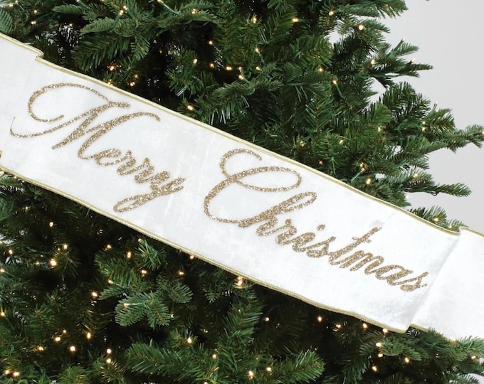 Merry Christmas Banner, Christmas Tree Banner, White Velvet Banner for Tree, White Christmas Banner, White and Gold Banner for Tree