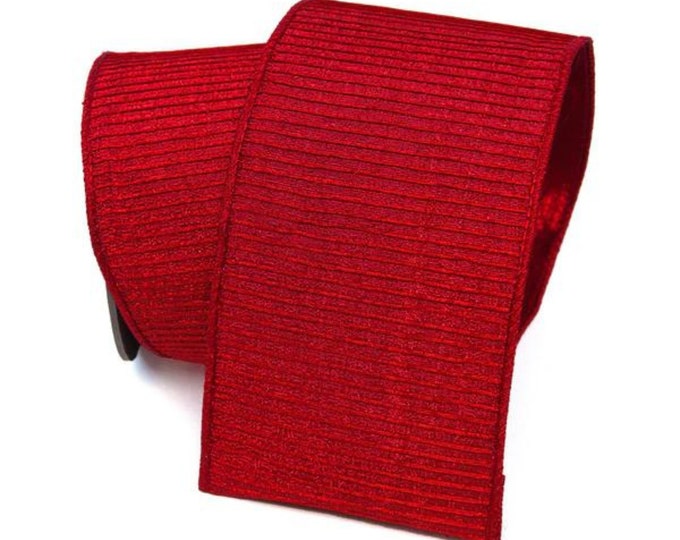 4" Red Pleated Metallic Wired Ribbon, Farrisilk Ribbon, Christmas Ribbon, Ribbon for Tree, Designer Ribbon, Red Ribbon, Holiday Ribbon