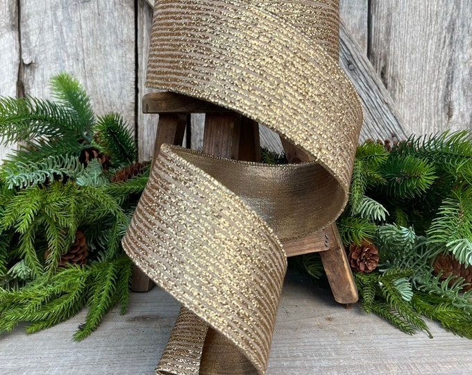 2.5" Gold Ribbon, Farrisilk Ribbon, Gold Random Stripes RIbbon, Christmas Tree Ribbon, Ribbon for bows, Wired Ribbon, Gold Christmas Ribbon