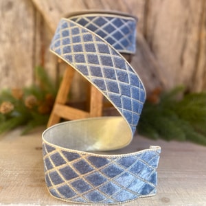 2.5&quot; Steel BLUE Metallic Diamonds Velvet Ribbon, Farrisilk Ribbon, BLUE Velvet, Christmas Tree Ribbon, Wired Ribbon, Blue Christmas Velvet