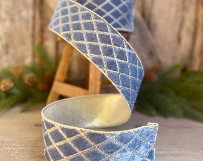 2.5" Steel BLUE Metallic Diamonds Velvet Ribbon, Farrisilk Ribbon, BLUE Velvet, Christmas Tree Ribbon, Wired Ribbon, Blue Christmas Velvet