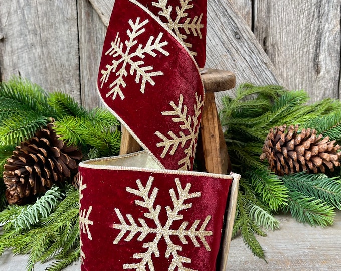 4" Burgundy Glitter Snowflake velvet Ribbon, 5 Yards, Burgundy Velvet RIbbon, Christmas Ribbon, CHristmas Tree Ribbon, SNowflake RIbbon