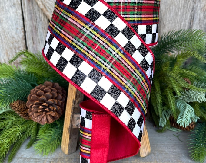 4" Christmas Checks and Plaid Ribbon, Farrisilk ribbon, 4 inch ribbon, Christmas Tree ribbon, wired ribbon, Christmas Tree RIbbon, Wired