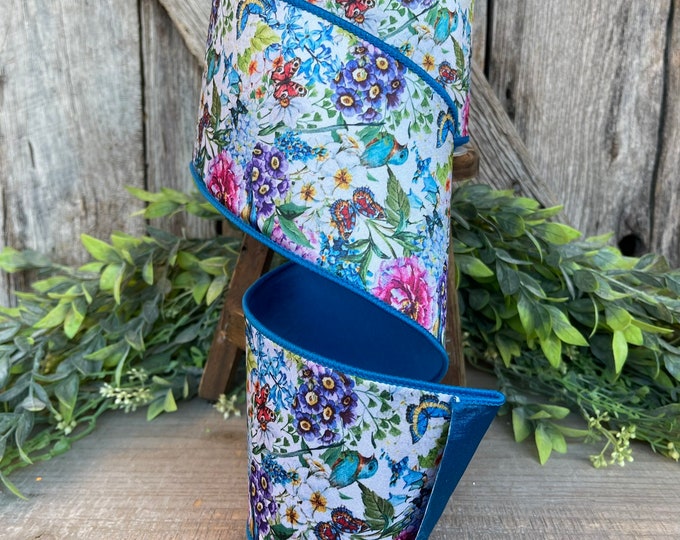 4" Blue Floral Garden Ribbon, Farrisilk Ribbon, Spring Ribbon, Summer Ribbon, Butterfly Ribbon, Turquoise Ribbon, RK052-32, Wreath Ribbon