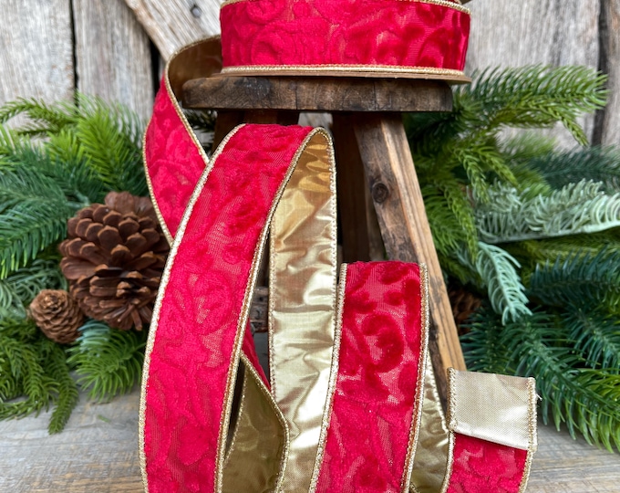 Red Embossed Velvet Christmas Ribbon: Wired Gold Backing, 1.5" x 10 Yards