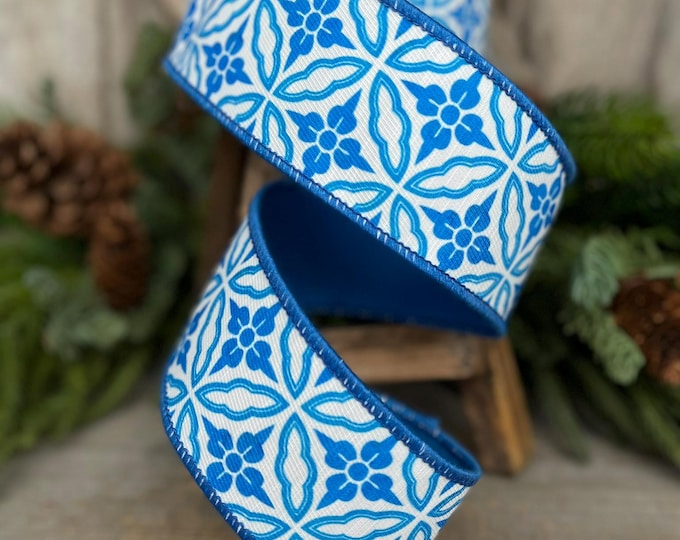 2.5" Blue Chinoiserie Ribbon, Blue and White Chinoiserie Ribbon, Wired RIbbon, Designer RIbbon,, Wreath Supply