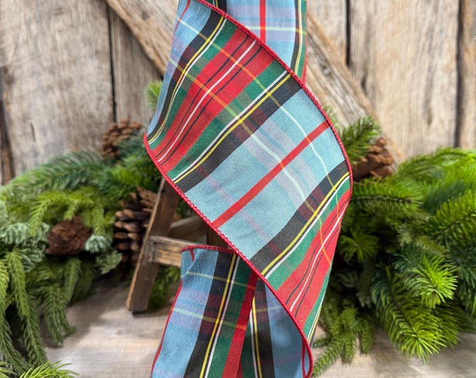 4" Dusty Blue Tartan Plaid Ribbon, Christmas Plaid Wired Ribbon, Red Blue Chirstmas Plaid RIbbon