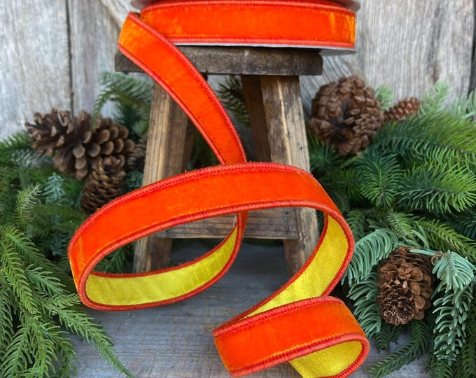 1" Orange Yellow Velvet RIbbon, Farrisilk Ribbon, Wired Ribbon, Sherbert Velvet Ribbon, Fall Ribbon, Designer Ribbon, RK740-52