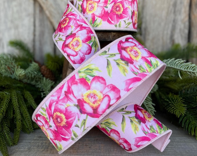 2.5" Spring Poppies ribbon, Farrisilk Ribbon, Pink Poppy Ribbon, Red Ribbon, Wired RIbbon, Designer RIbbon, SR069-22